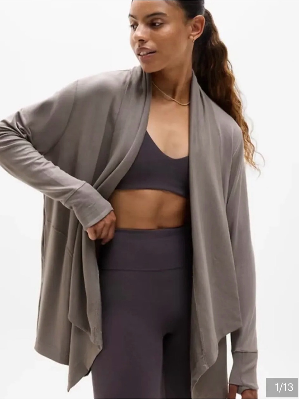 Athleta pranayama wrap Open-Front Draped Cardigan in Mushroom (Taupe Gray)
